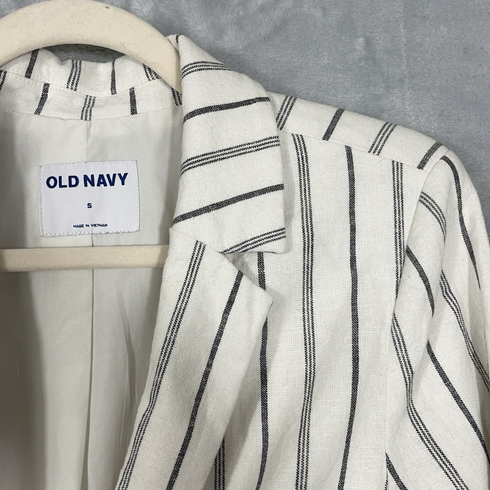 Old Navy Womens Black White Striped Linen Blend Lined Blazer S Career‎ Academia - Picture 2 of 10